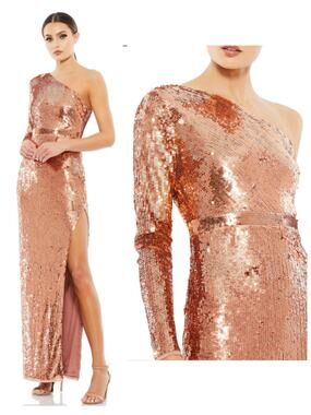 Mac Duggal 10788 Formal Copper Metallic Sequin Gown One Shoulder Column Dress 4